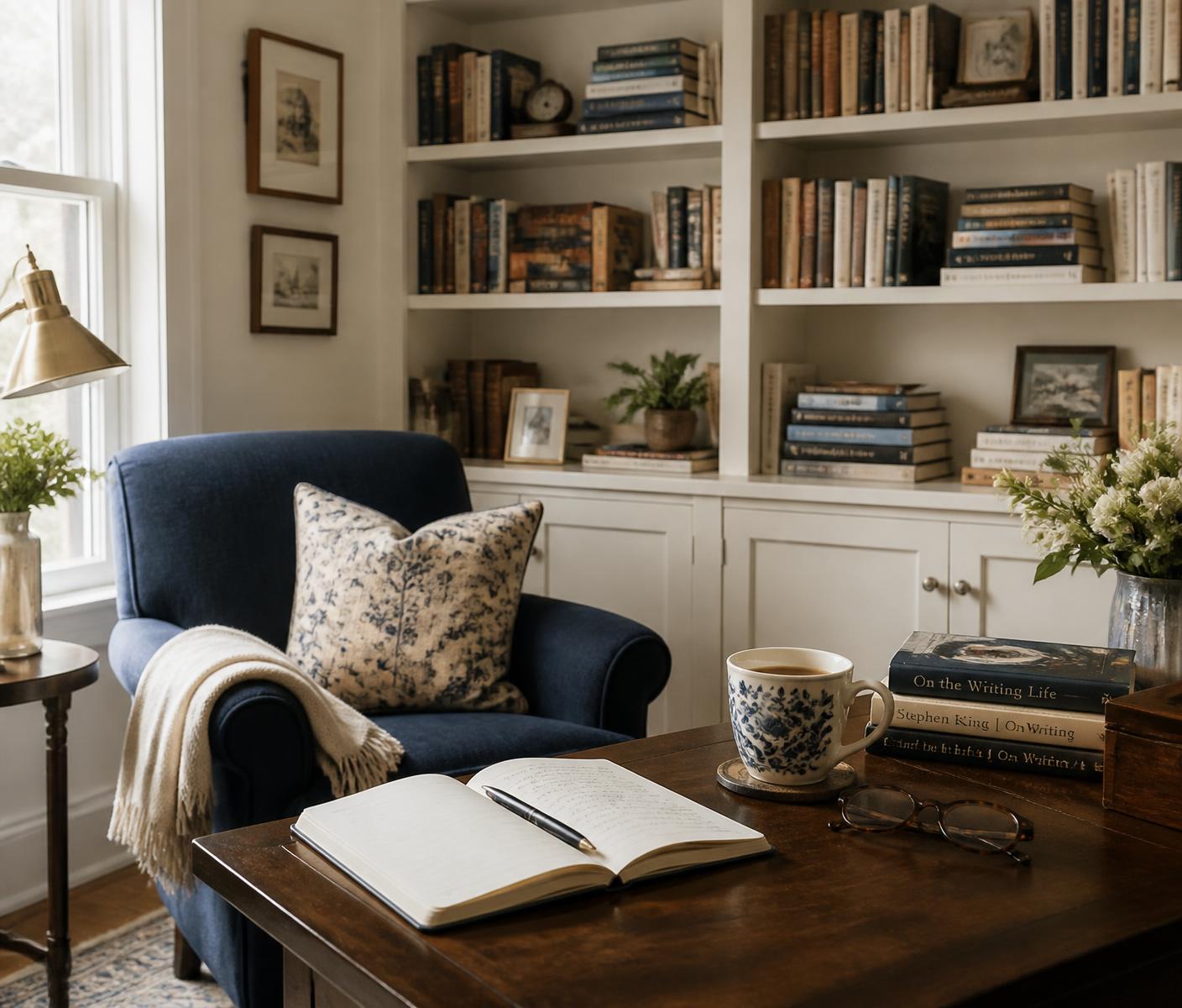 A quiet literary study with bookshelves and a writing desk