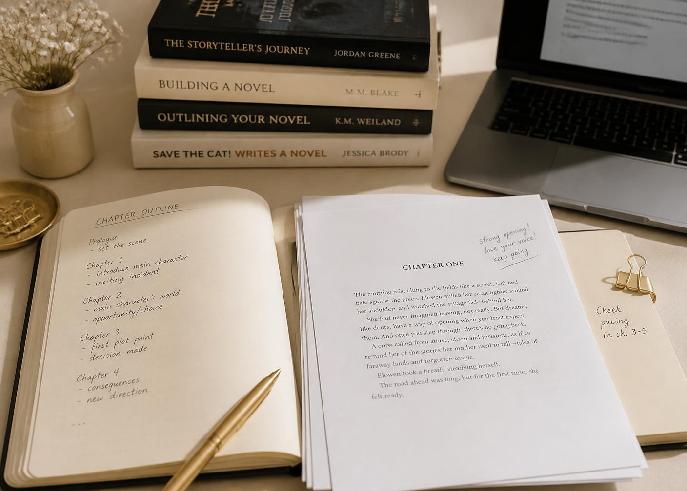 An outline and chapter plan laid out on a desk