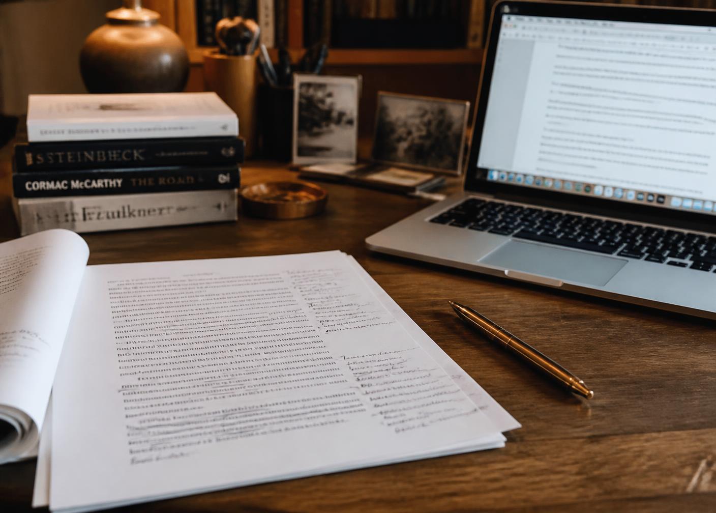 A writer's desk with manuscript pages and a fountain pen