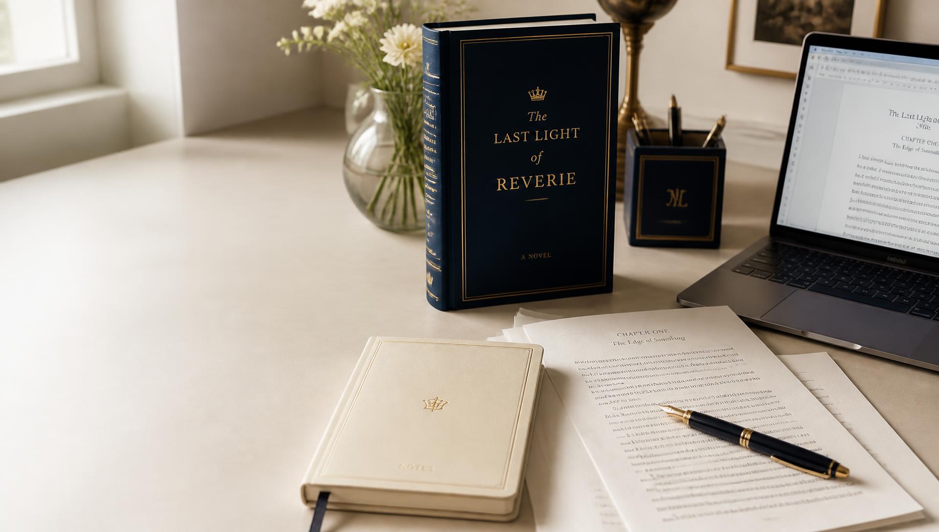 Author's desk with manuscript and book
